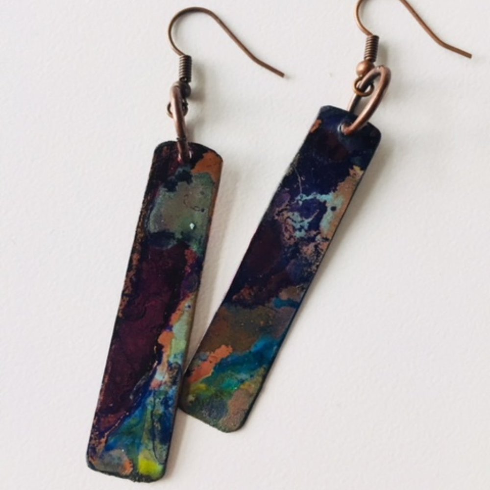 Blue Purple Green Copper Patina Bar Earrings